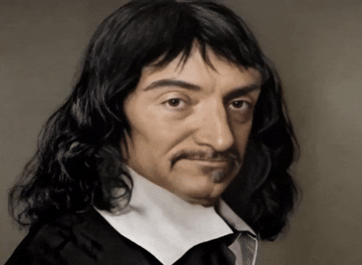 An enhanced, colorized, and animated GIF of René Descartes’s head, reacting surprised.