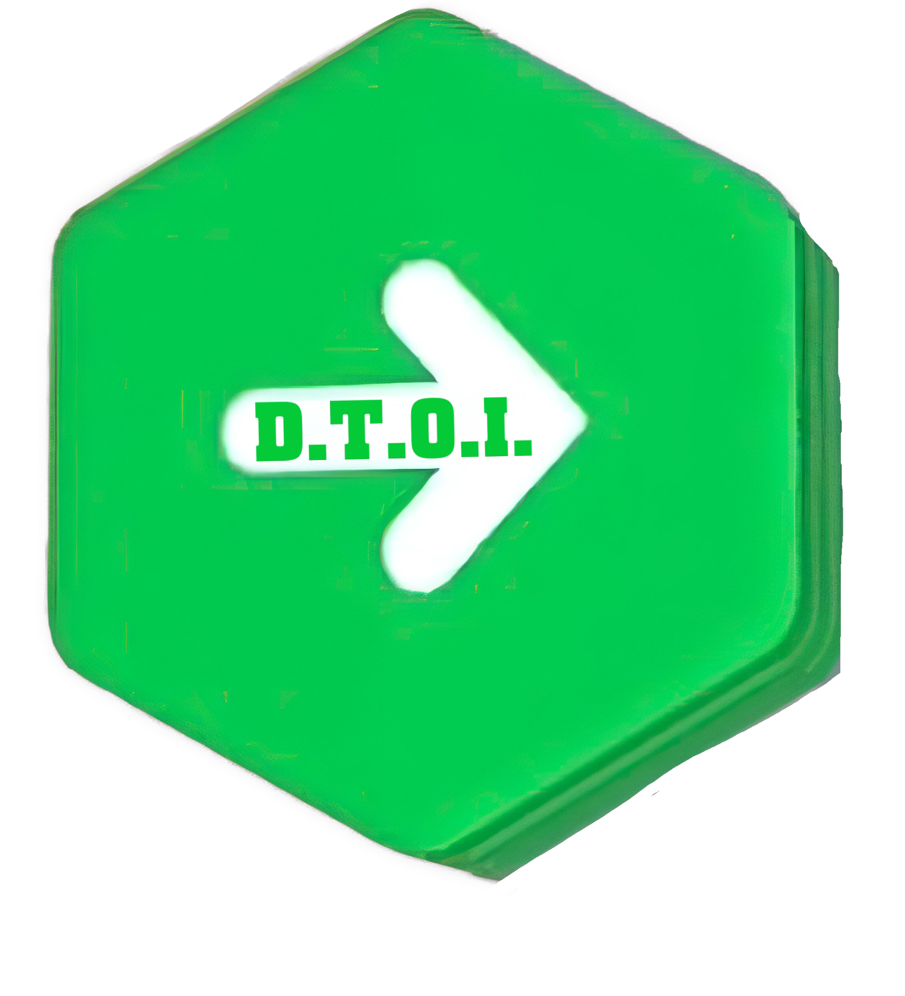 A green rectangular sign with a white right-pointing arrow includes "D.T.O.I." inside the arrow serving as a bullet point.