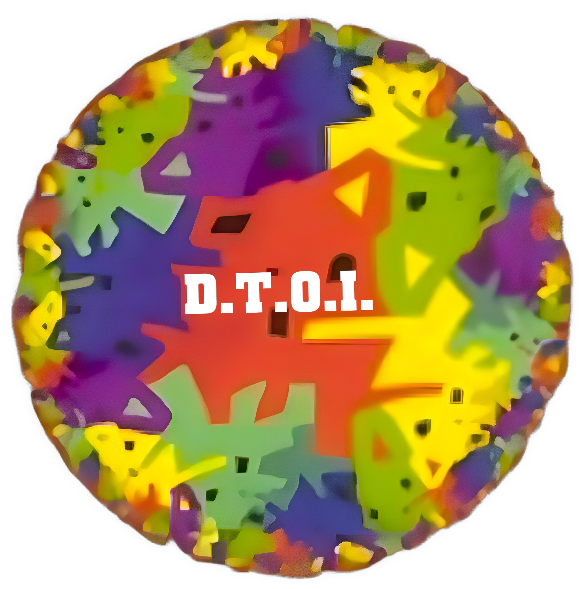 A colorful, circular abstract logo, made of overlapping geometric and creature-like shapes in bright neon tones, surrounds the white initials “D.T.O.I.”, centered over a red-orange figure serving as a bullet point.