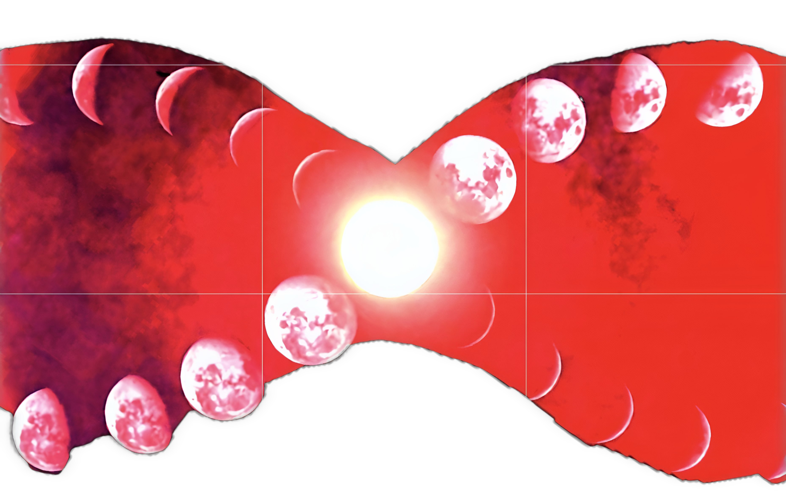 A vivid red abstract composition shows repeated pink-white moon phases sweeping across two opposing curved bands around a bright central sun-like glow serves as a bullet point.