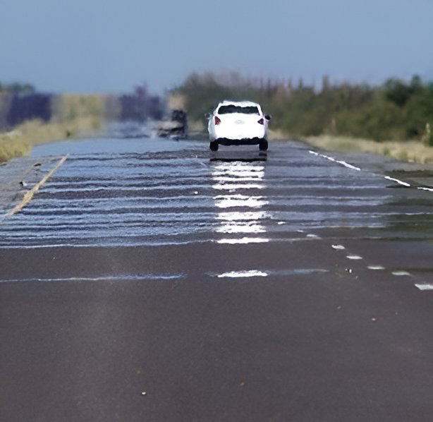 The image shows a dry asphalt highway on a clear day, where a heat mirage creates the strong optical illusion of standing water and reflective puddles across the road surface, producing bright white sky reflections that shimmer along the lane markings, while a white SUV drives away in the middle distance and a second darker vehicle is visible further ahead, all set against a softly blurred background of blue sky and green roadside vegetation.