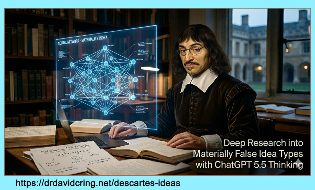 Descartes sitting in a library beside open books and a laptop, studying a glowing holographic neural-network display labeled “Materiality Index,” with the image captioned as a deep-research project on materially false idea types using ChatGPT 5.5 Thinking.