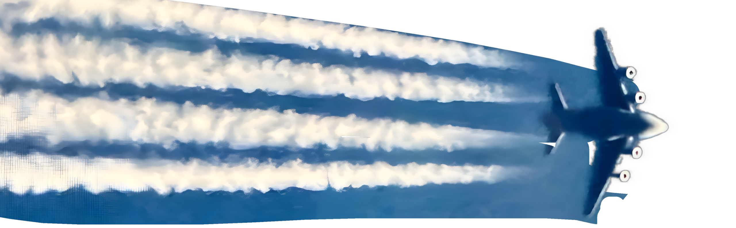 Four white exhaust plumes from a blue plane flying to the right.