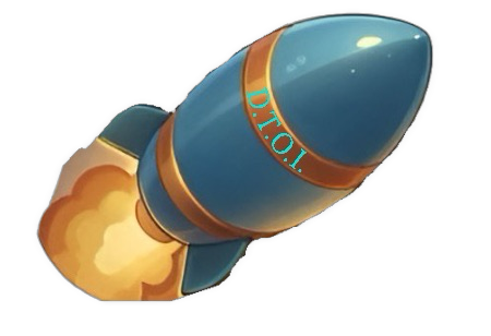 A cartoon drawing of a stylized blue rocket with.yellowy exhaust bearing small green-blue “D.T.O.I.” lettering inside of a good band on the rocket body.
