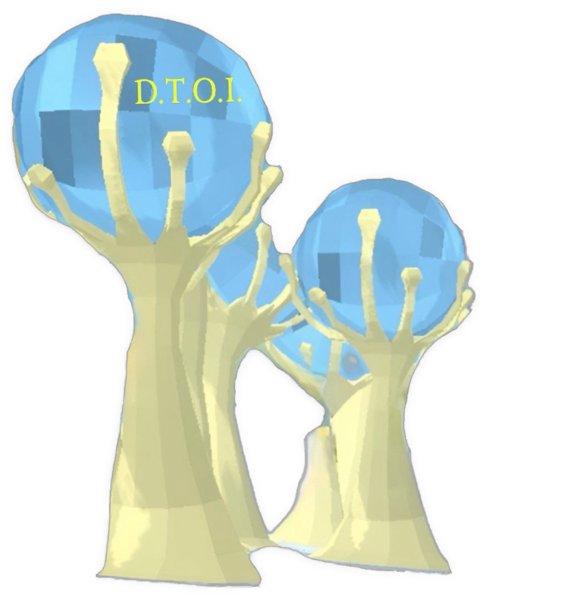 A cartoon drawing of two pale tree-like yellow stalks support translucent blue circular bulbs marked with small yellow “D.T.O.I.” text inside the globe of the left tree.