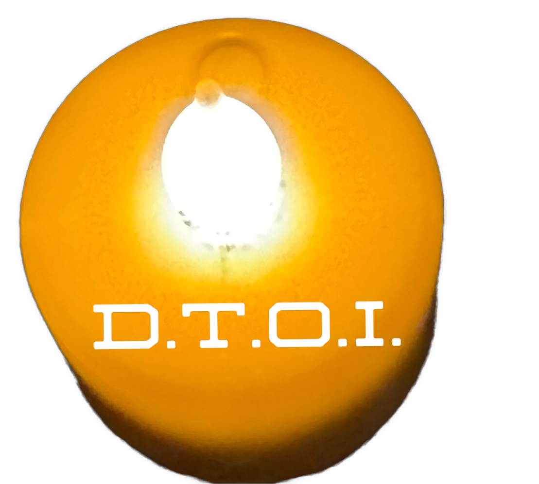 An orange spherical lamp-like object glows brightly at the top and carries white “D.T.O.I.” text near the bottom.