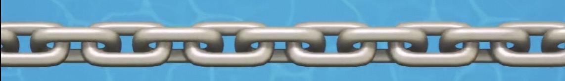A metallic chain stretches horizontally across a bright cyan band against a pale gray-white background.