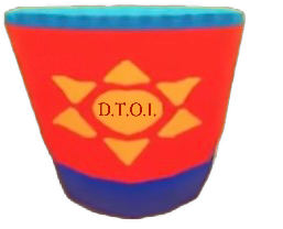 A red, yellow, and blue rounded container or drum features a yellow emblem with “D.T.O.I.” at the center.