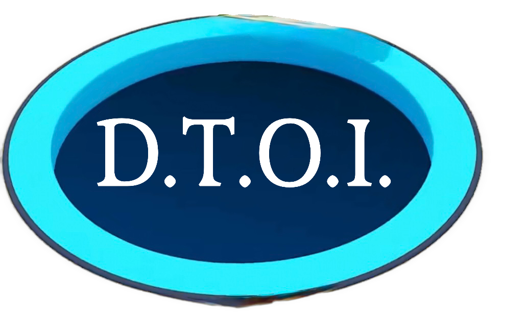 A sky blue oval badge or sign with a dark blue center displays large white “D.T.O.I.” lettering.