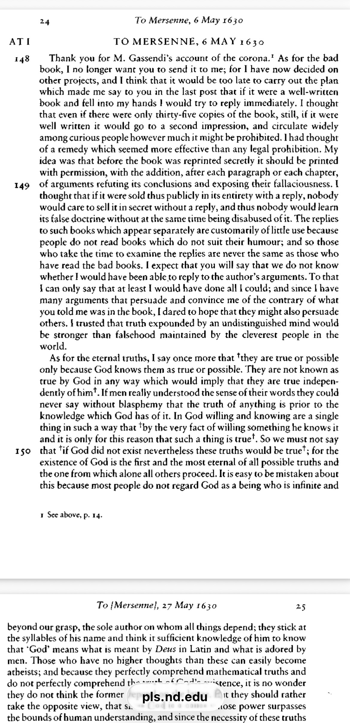 A screenshot of CSMK translation of Descartes’s Letter to Mersenne May 6, 1630.