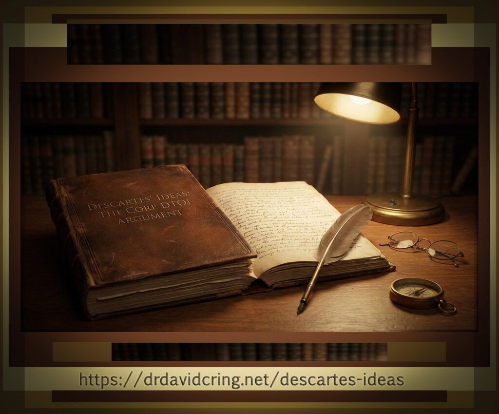 A hyperrealistic AI-generated by Nsno Banana Pro an old leather-bound book titled “DESCARTES’ IDEAS: THE CORE DTOI ARGUMENT” lying open on a wooden desk in a library, illuminated by a desk lamp, with a quill pen, a pair of glasses, and a compass beside it and bookshelves in the background, along with the URL https://drdavidcring.net/descartes-ideas at the bottom.