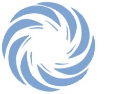 A logo of a light blue spiral figure with a white center.