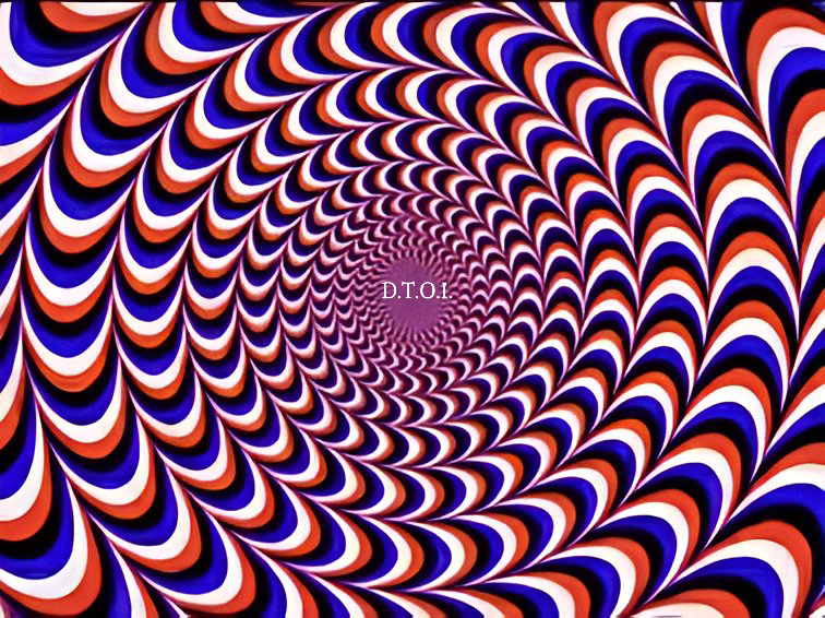 A red, white, and blue spiraling optical illusion pattern converges toward a small central “DTOI.”