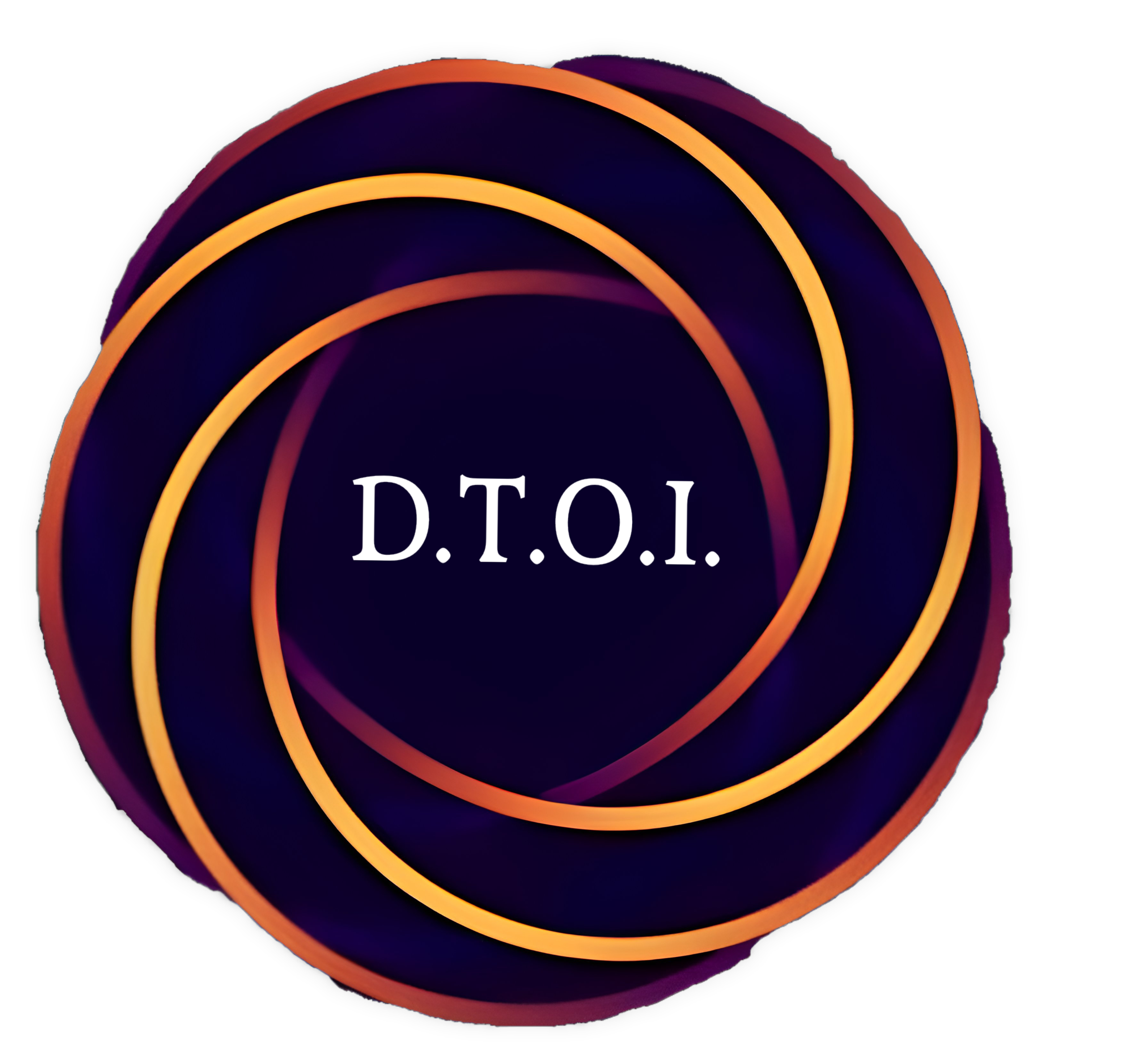 A circular dark emblem contains three overlapping orange and red elliptical bands.