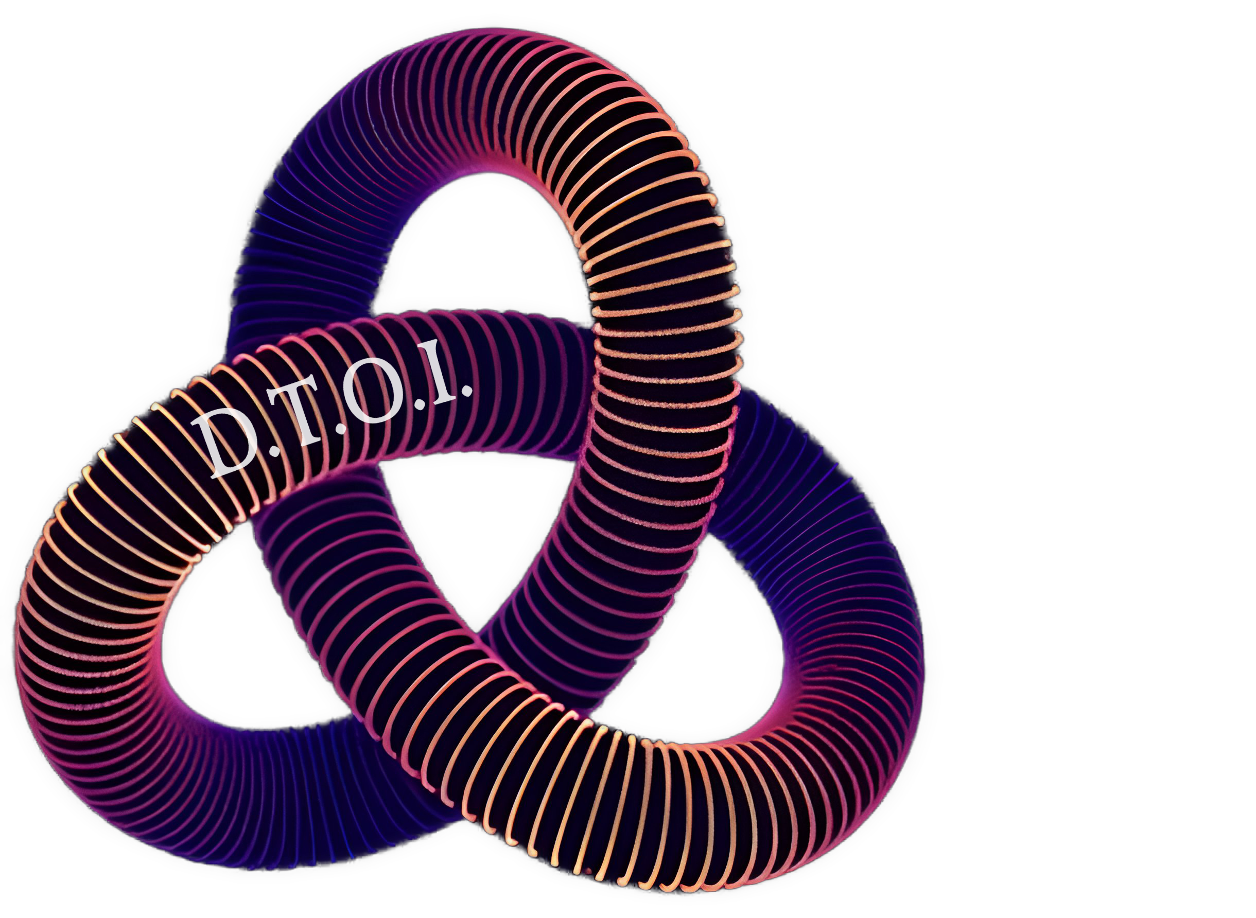 A dark ribbed trefoil-knot form carries “D.T.O.I.” across one of its crossing bands.