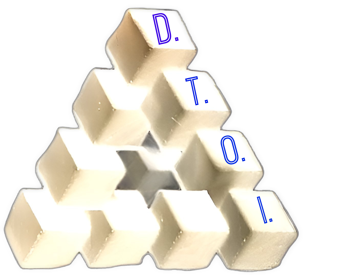 A stack of cream-colored cubical blocks forms a pyramid-like structure with “D.T.O.I.” placed down the right side.