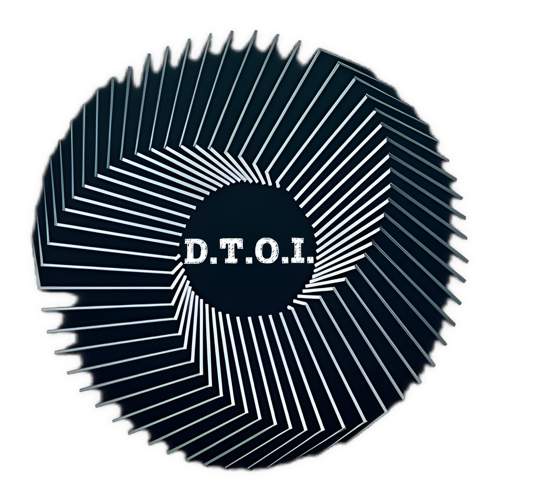 A black circular spiral made of many white-edged rotating slats contains “D.T.O.I.” at the center.