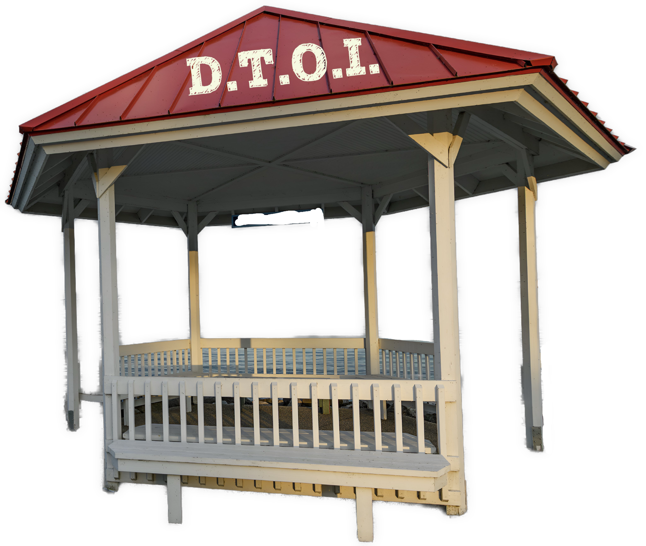 A white wooden gazebo with a red metal roof labeled “D.T.O.I.” centered on the roof.