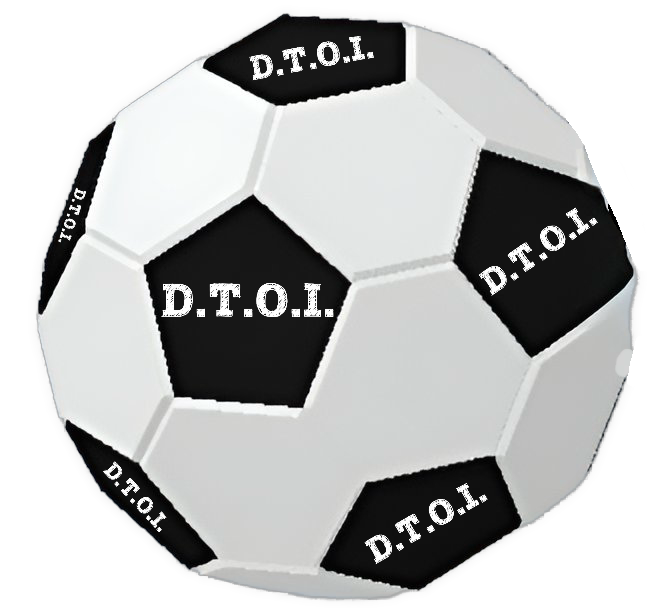 A black-and-white soccer ball drawing, with several black pentagonal panels labeled “D.T.O.I.” in white stencil-style lettering.