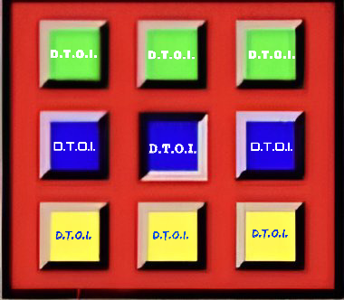 A red square panel containing a three-by-three grid of raised beveled tiles in green, blue, and yellow, each labeled “D.T.O.I.”