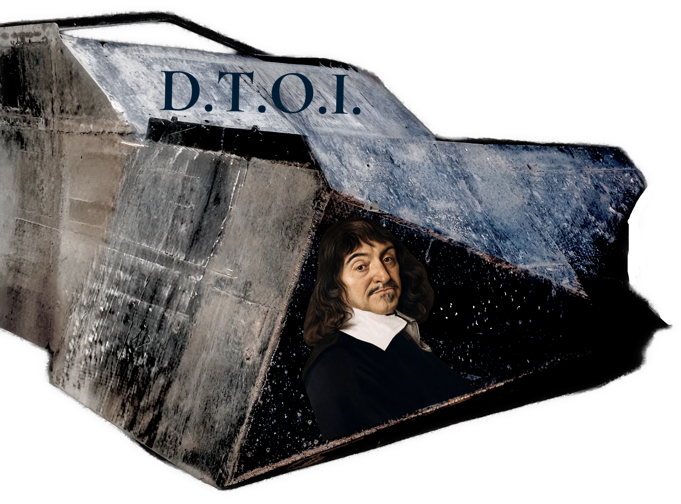 A subdued gray-blue version of the D.T.O.I. Up-armored vehicle, with a large Descartes bust emerging from the lower central front area beneath the title.