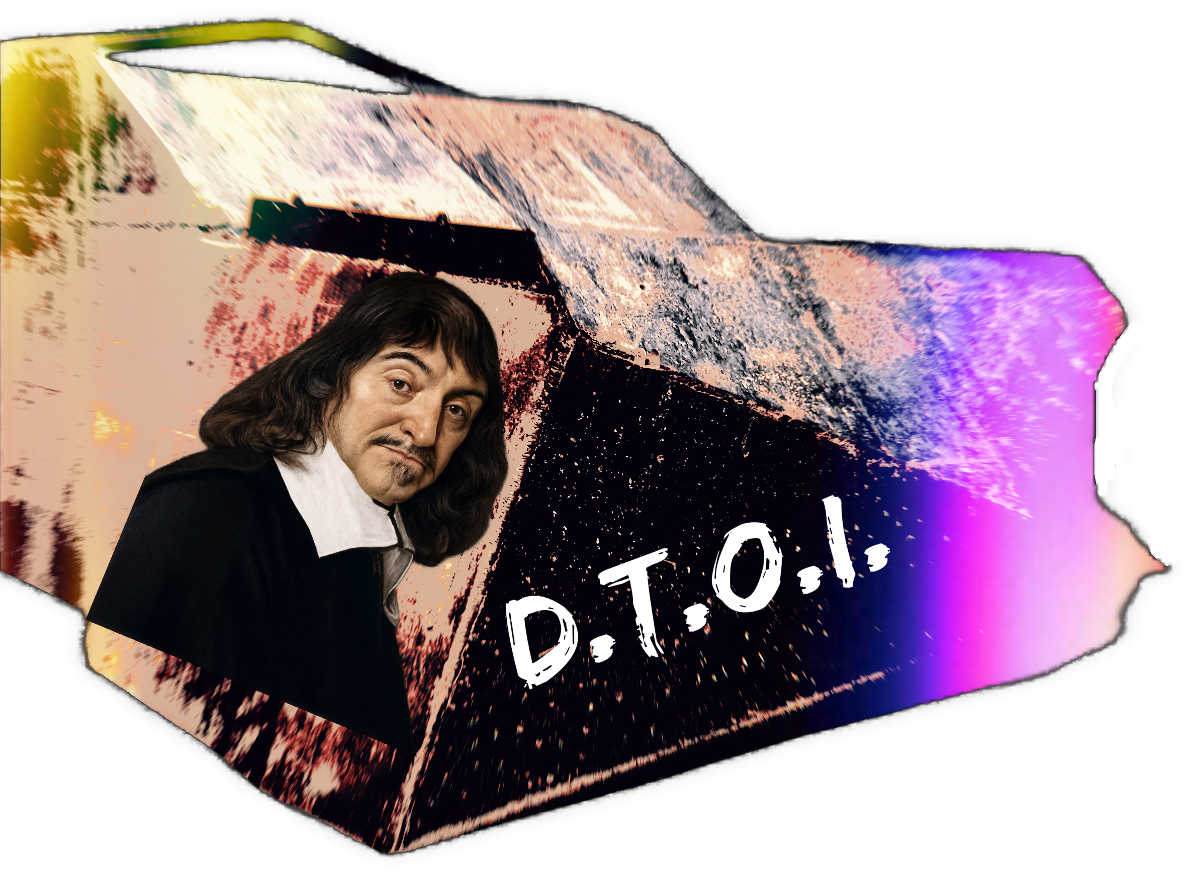 A pastel-toned, high-contrast version of a metallic up-armored vehicle, with a larger Descartes image figure on the left front quarter panel and “D.T.O.I.” prominently printed across the dark front right side at the bow of the vehicle.