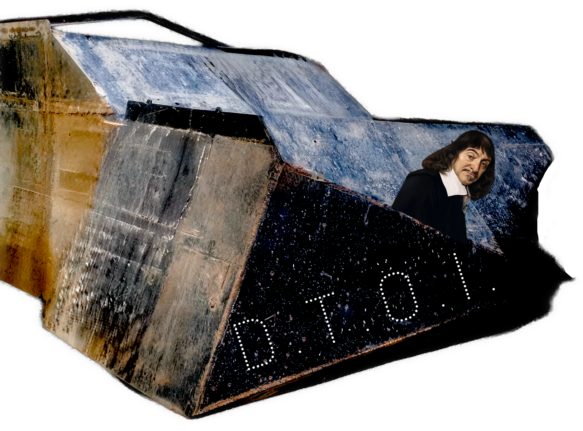 A painting of Descartes’s head and upper torso sits atop a triangular black plate with points of light of weathered metallic D.T.O.I.-marked structure, with the portrait partly embedded in the darker lower panel.