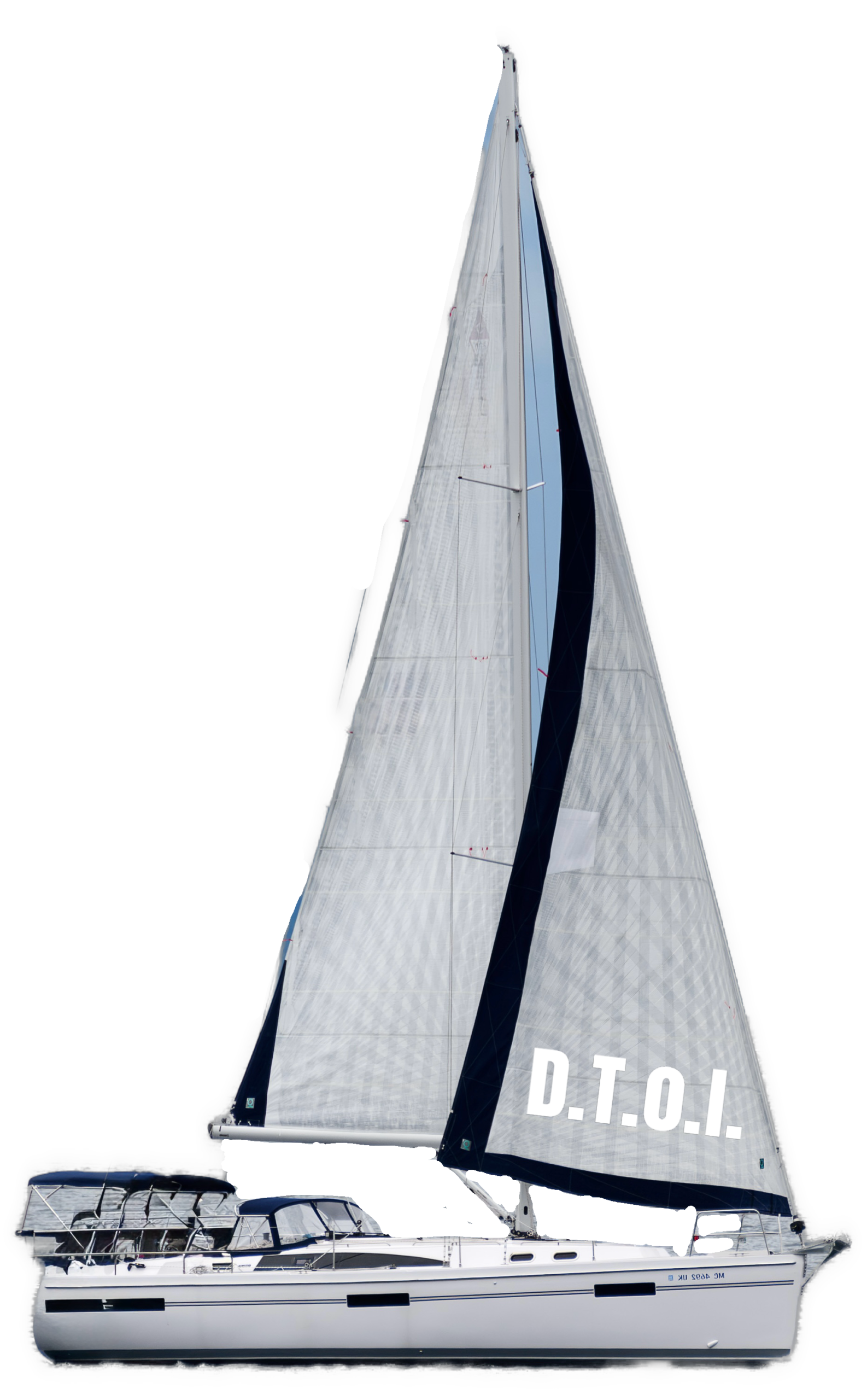 A white sailboat with a tall mainsail bearing a dark blue vertical stripe and the white text “D.T.O.I.” prominently displayed, the vessel’s hull and bimini visible below.