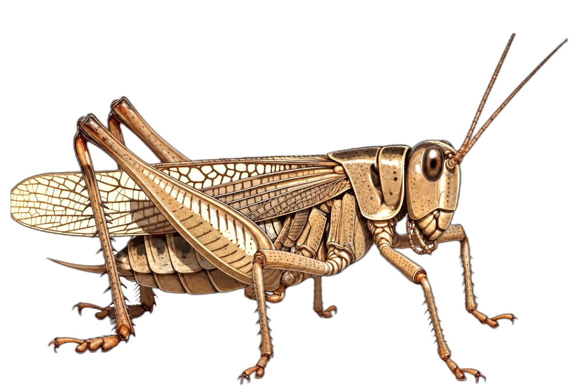 A triple-sized version of the emoji cricket: a highly detailed, realistic side-profile illustration of a bronze-brown cricket with long antennae, segmented body, veined wings, and spiny legs, rendered in a clean, elegant scientific style.