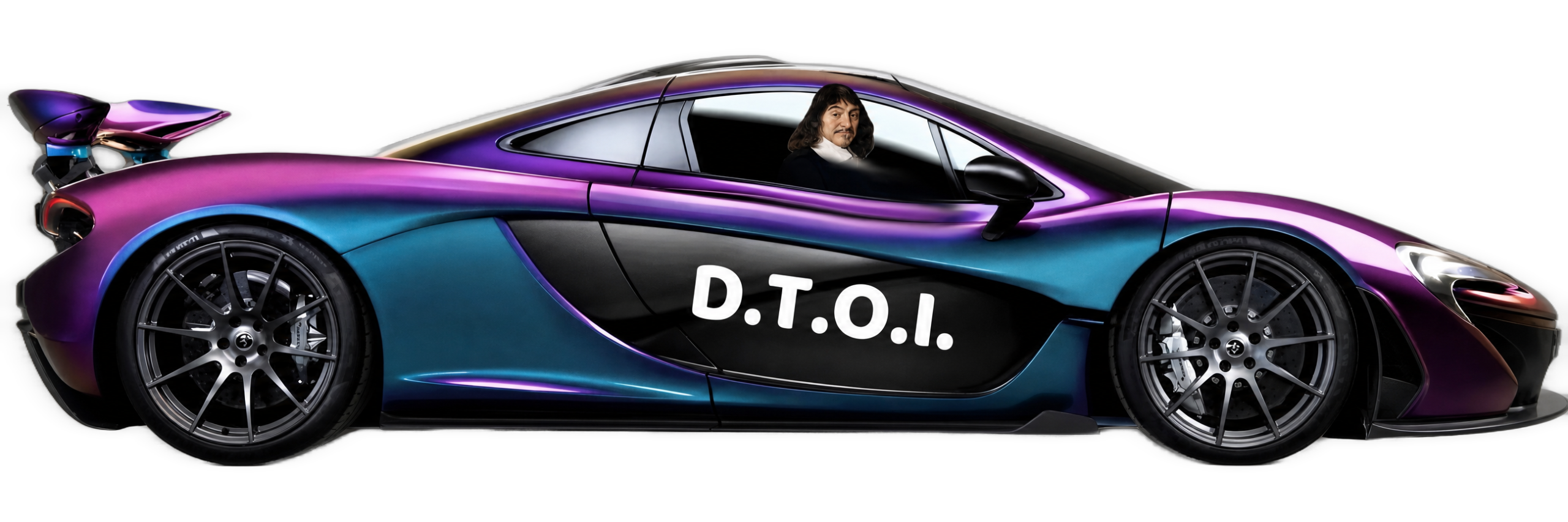 A right side profile of an iridescent purple-to-blue McLaren P1 hypercar, with a portrait of René Descartes visible through the driver’s window and the text “D.T.O.I.” prominently displayed on the door.