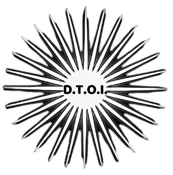 A cutout drawing of a white 28-starburst spine radiating out, with the black text D.T.O.I. centered in the white core.
