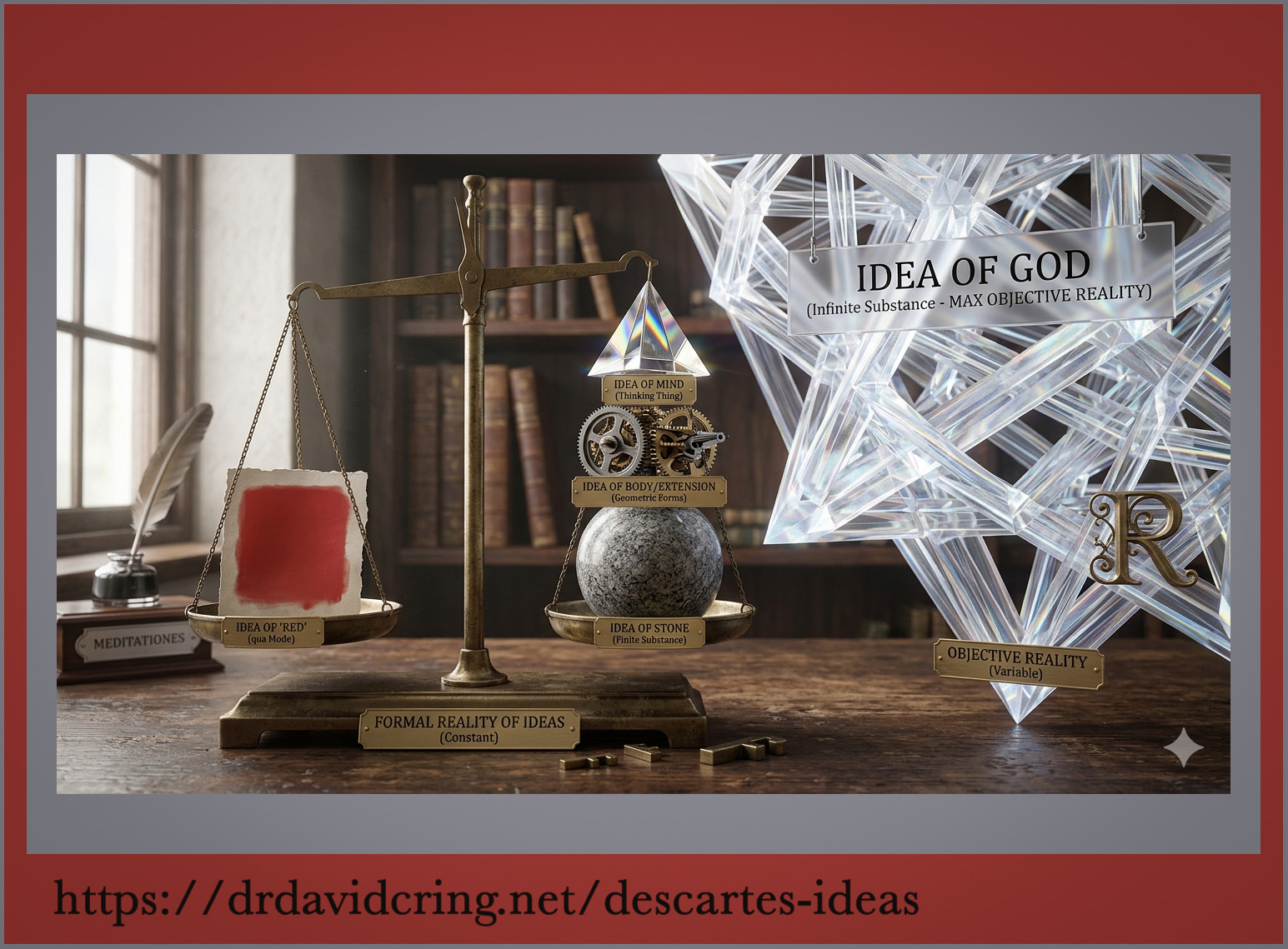 The image shows a brass balance scale on a wooden table with a red-painted paper labeled “IDEA OF ‘RED’ (qua Mode)” on the left pan and a stone sphere topped by a crystal pyramid and gears labeled “IDEA OF MIND,” “IDEA OF BODY/EXTENSION,” and “IDEA OF GOD (Infinite Substance - MAX OBJECTIVE REALITY)” on the right, surrounded by brass plaques reading “FORMAL REALITY OF IDEAS (Constant)” and “OBJECTIVE REALITY (Variable),” a large transparent crystalline geometric structure, a quill pen and inkwell beside a book titled “MEDITATIONES,” scattered metal fragments, bookshelves in the background, and the URL https://drdavidcring.net/descartes-ideas at the bottom.