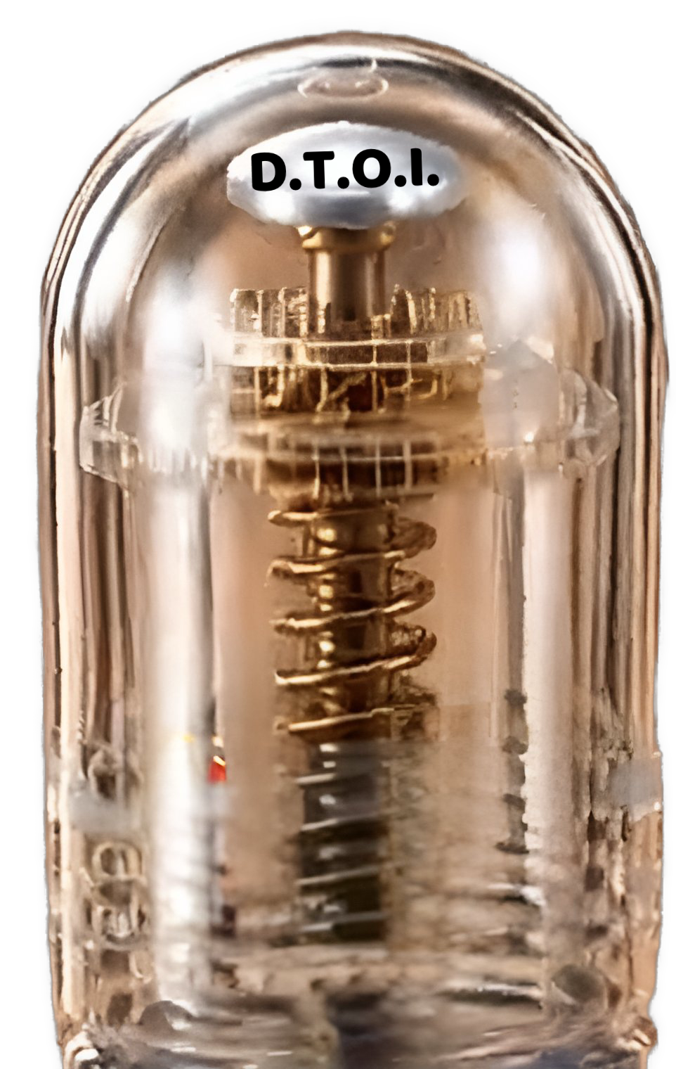 A close-up shows the intricate internal metal components of a vacuum tube, including a spiral filament and stacked grids inside a clear glass bulb, with the text “D.T.O.I.” overlaid at the top.