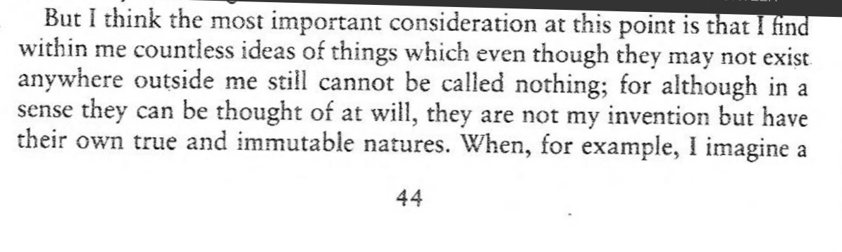 A screenshot of Cottingham’s translation of Descartes’s Fifth Meditation on p. 44 on eternal truths.
