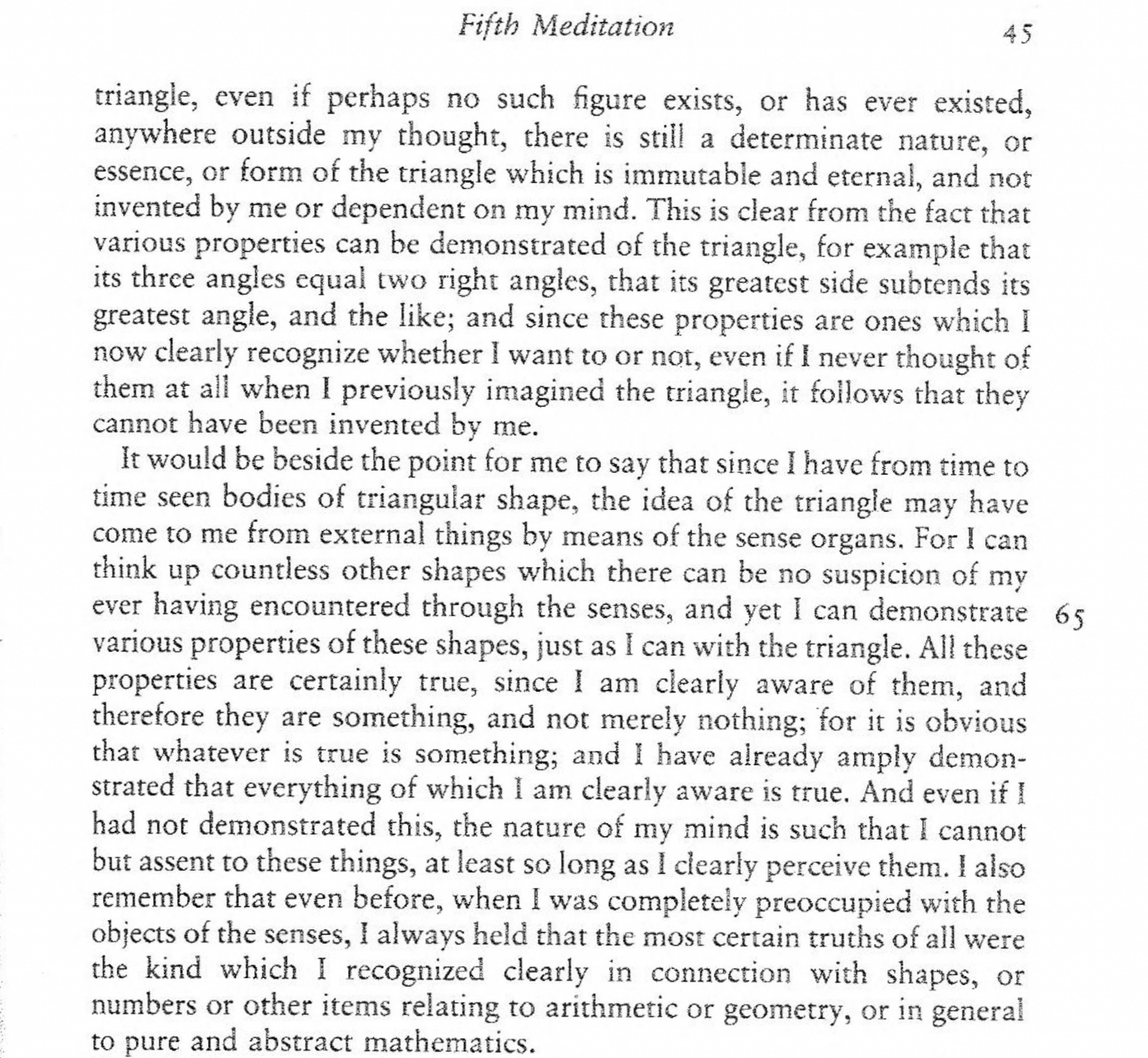 A screenshot of Cottingham’s translation of Descartes’s Fifth Meditation on p. 45 on eternal truths.