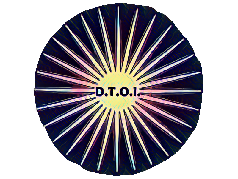 A white starburst of radiating spines appears on a black background with multicolored edges and text D.T.O.I. centered in yellow background in the middle.