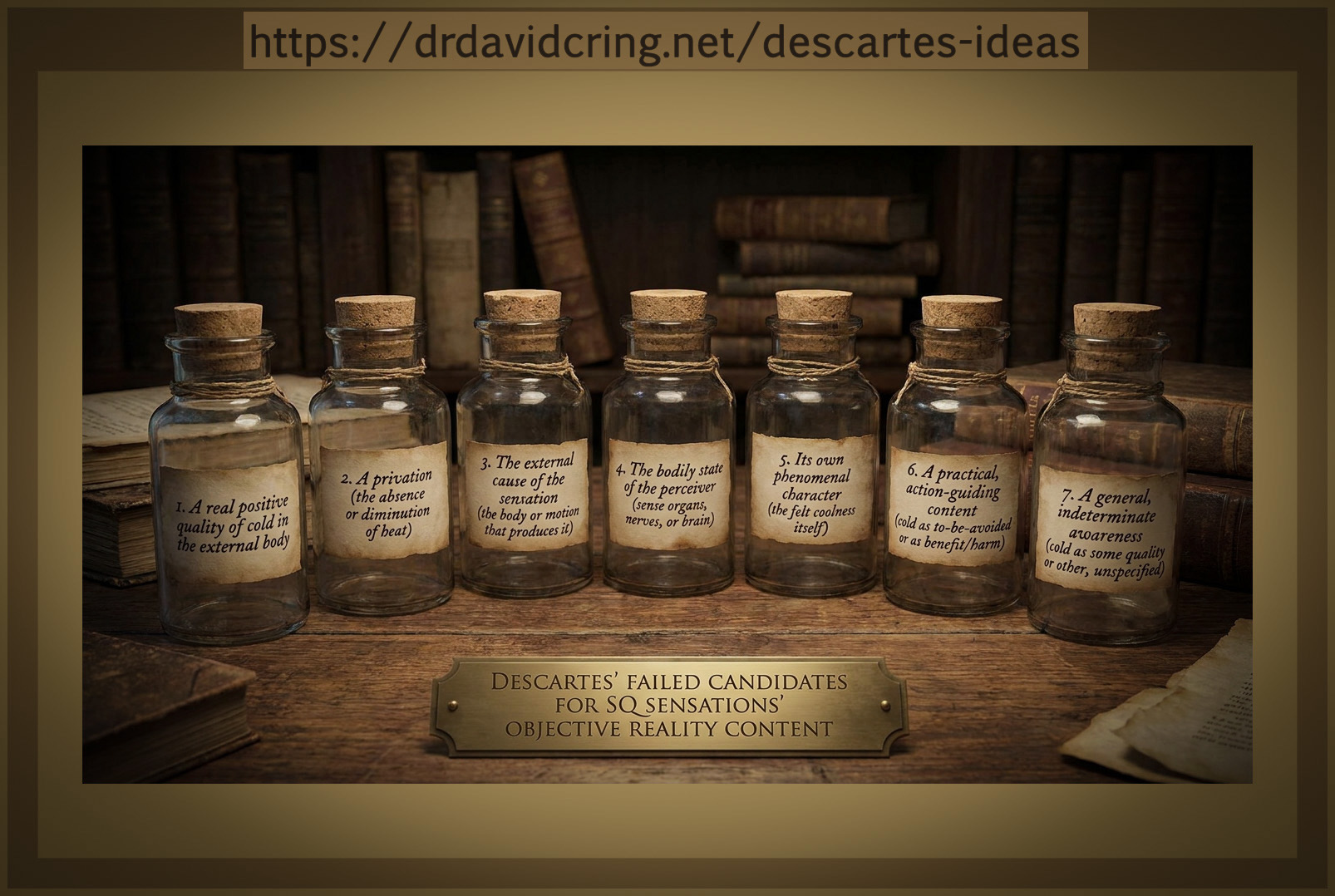 A hyperrealistic AI-generated by Nsno Banana Pro of seven glass jars with cork stoppers and handwritten labels explaining philosophical concepts about sensations lined up on a wooden table in a library setting, in front of a brass plaque reading “DESCARTES’ FAILED CANDIDATES FOR SQ SENSATIONS’ OBJECTIVE REALITY CONTENT,” with bookshelves behind and the URL https://drdavidcring.net/descartes-ideas at the top.