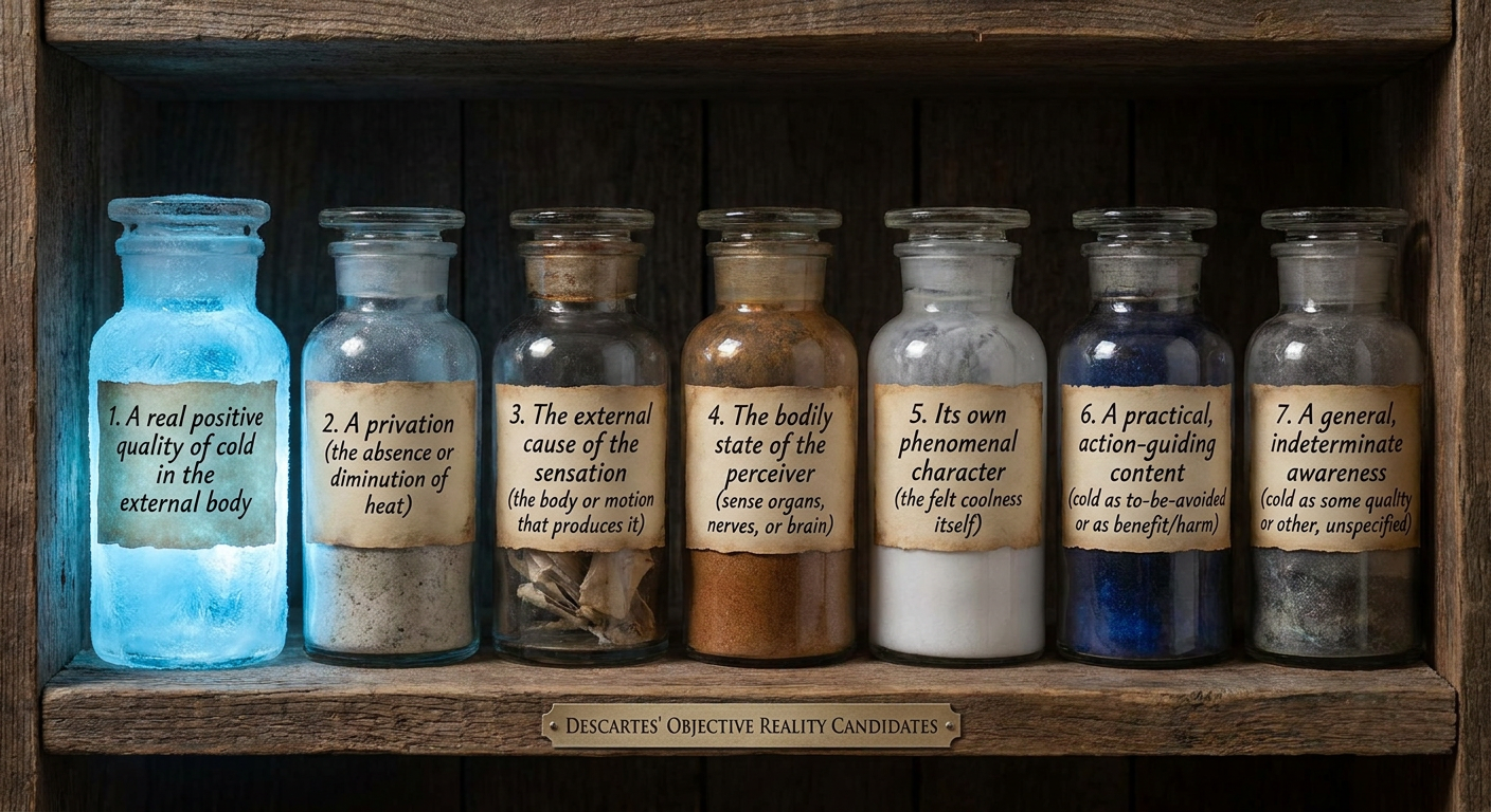 Seven glass jars with cork stoppers and aged paper labels stand in a row on a wooden shelf inside a dark wooden cabinet, each containing different substances and explaining various philosophical candidates for the objective reality of sensations according to Descartes, with the leftmost jar glowing blue and a brass plaque below reading “DESCARTES’ OBJECTIVE REALITY CANDIDATES.”