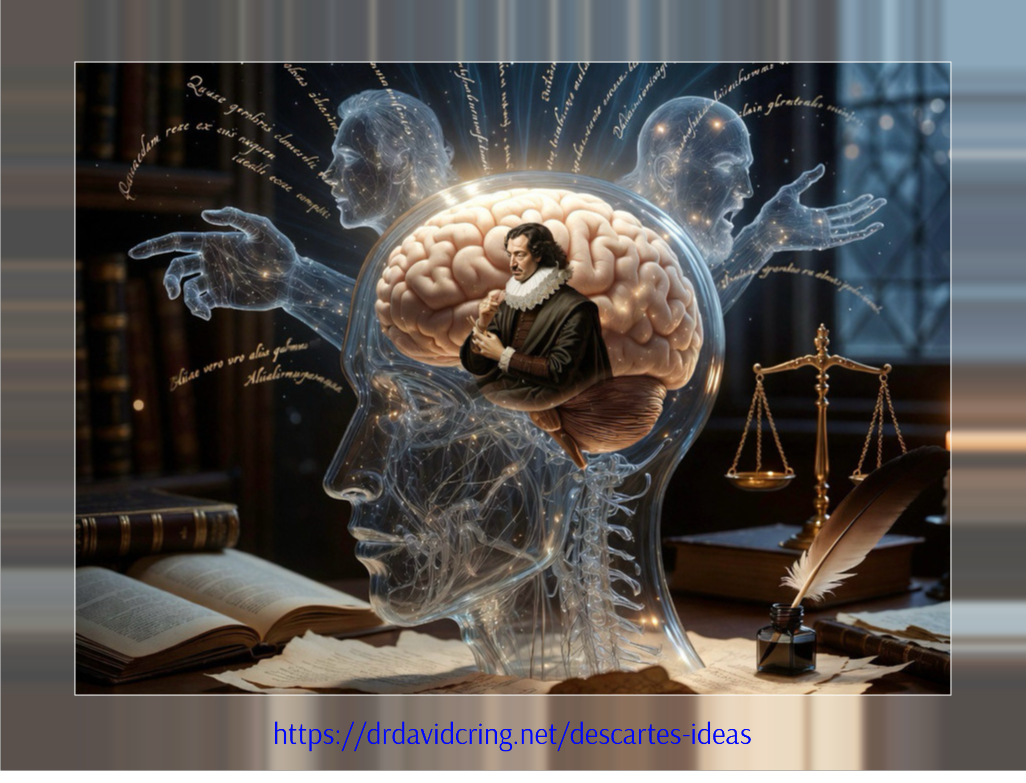 The AI-generated image by Nano Banana Pro shows a transparent glass head containing a brain and a portrait of Descartes, surrounded by ethereal hands and figures, with books, a quill, inkwell, and scales of justice on the desk, along with the URL https://drdavidcring.net/descartes-ideas at the bottom.