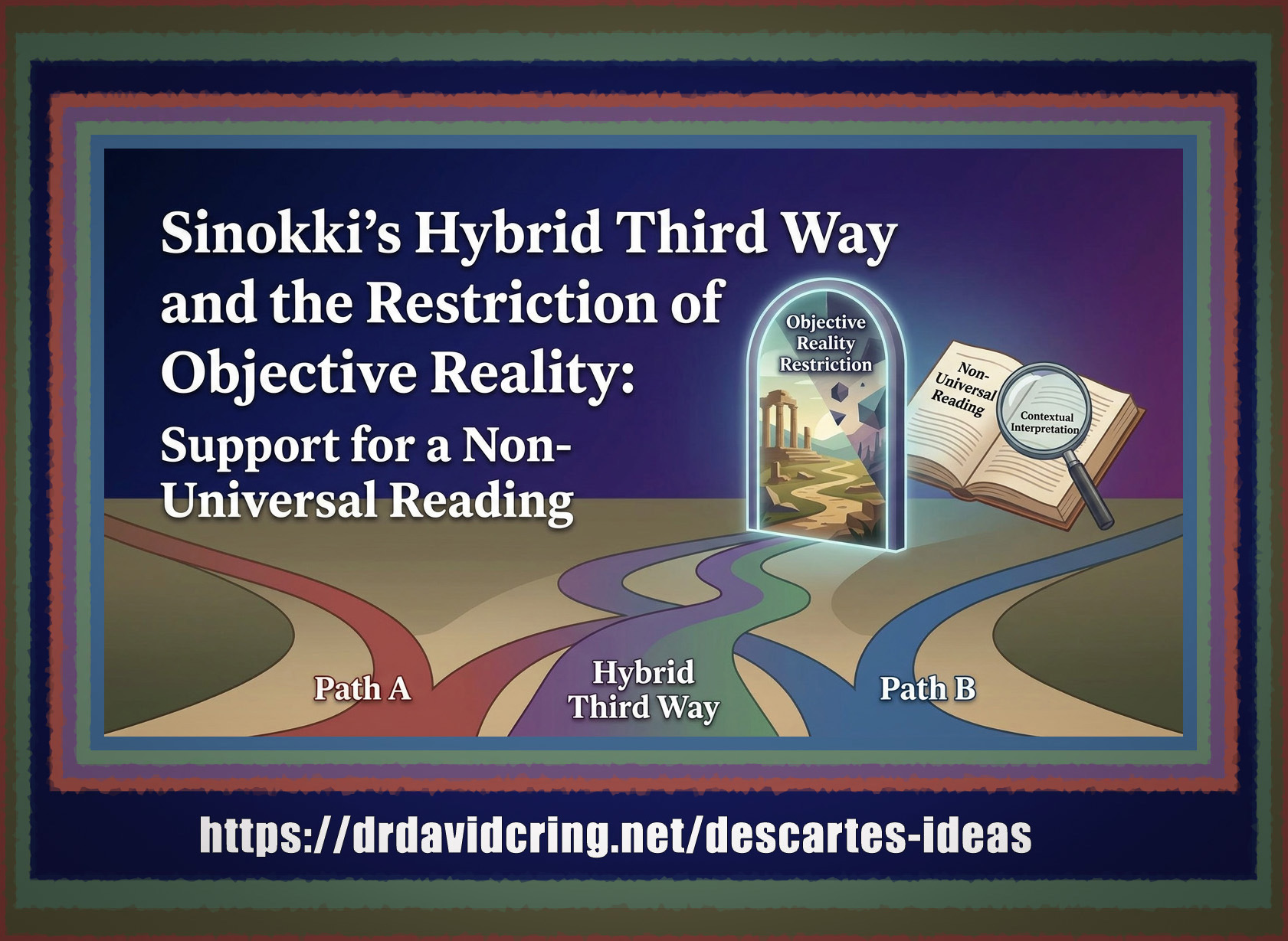A colorful graphic titled “Sinokki’s Hybrid Third Way and the Restriction of Objective Reality: Support for a Non-Universal Reading” illustrates three winding paths labeled Path A, Hybrid Third Way, and Path B, leading to an illuminated archway marked “Objective Reality Restriction” with a landscape scene and an open book with a magnifying glass labeled “Non-Universal Reading” and “Contextual Interpretation,” along with the URL https://drdavidcring.net/descartes-ideas at the bottom.