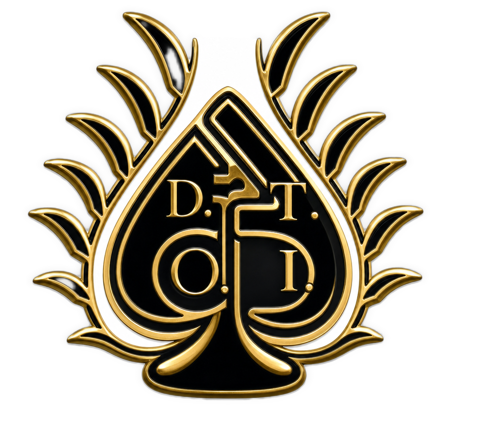 An enhanced and colorized golden ornate emblem shaped like a shield or spade displays the stylized letters D.T.O.I. intertwined in gold, framed by decorative curved spiky golden flourishes.