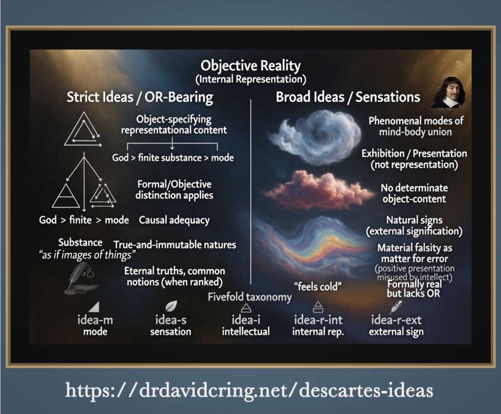 A detailed informational graphic titled “Objective Reality (Internal Representation)” divides Descartes’ ideas into “Strict Ideas / OR-Bearing” on the left, featuring hierarchical diagrams and concepts such as God, finite substances, modes, causal adequacy, eternal truths, and common notions, and “Broad Ideas / Sensations” on the right, illustrated with swirling clouds and explanations of phenomenological modes, natural signs, material falsity, and lack of objective reality, with a fivefold taxonomy of idea types at the bottom and the URL https://drdavidcring.net/descartes-ideas below.