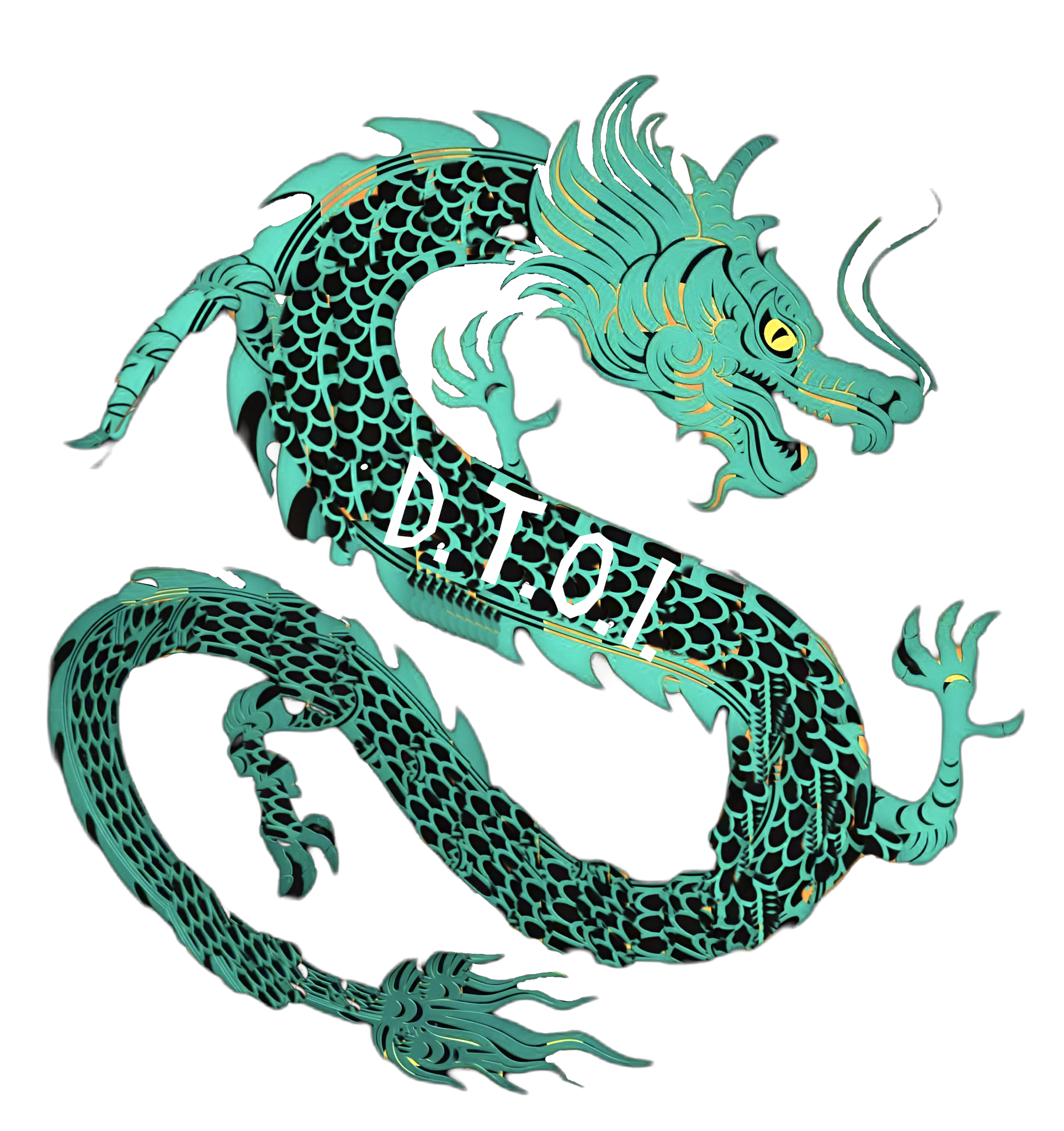 A teal dragon with intricate scales and glowing gold accents coils with the white text D.T.O.I. overlaid on its body.