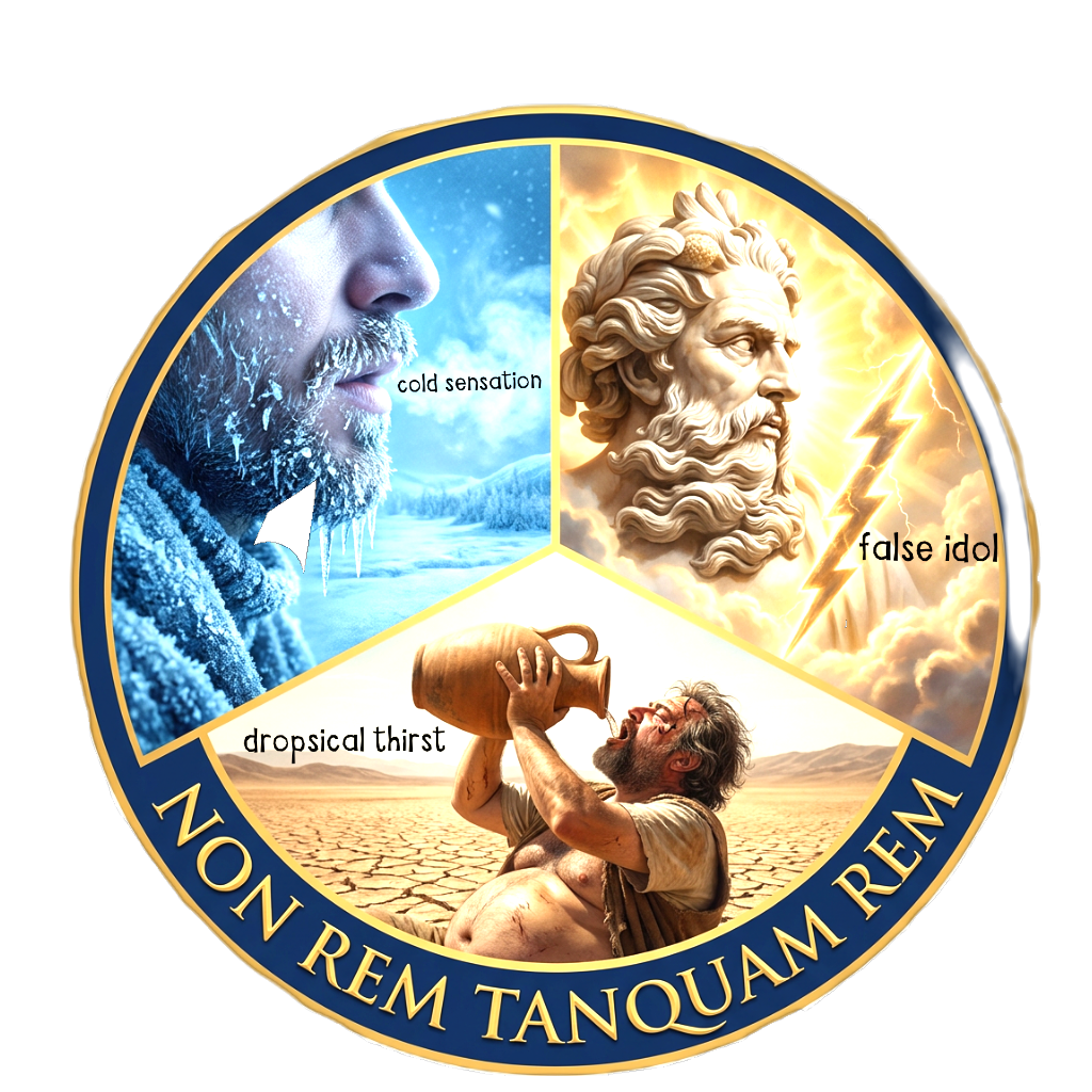A circular diagram divided into three sections depicts three cases of material falsity—cold sensation, a false idol, and dropsical thirst—unified under the Latin phrase “NON REM TANQUAM REM.”