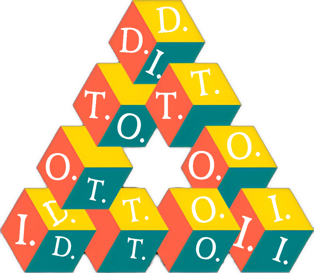 A pyramid of brightly colored interlocking 3D cubes displays scattered white letters spelling variations of “D.T.O.I.” against a black background.