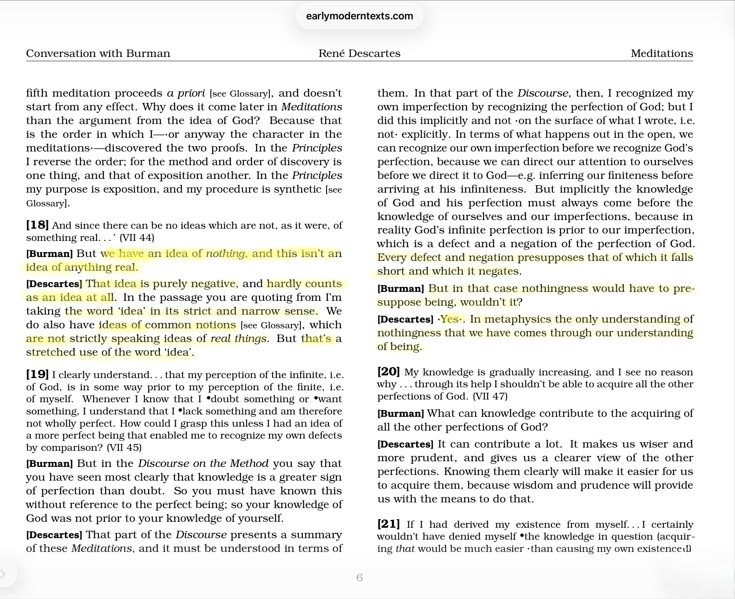 This page from earlymoderntexts.com shows an excerpt from Descartes’s Conversation with Burman discussing the idea of nothing, common notions, and the priority of the idea and knowledge of God over self-knowledge.