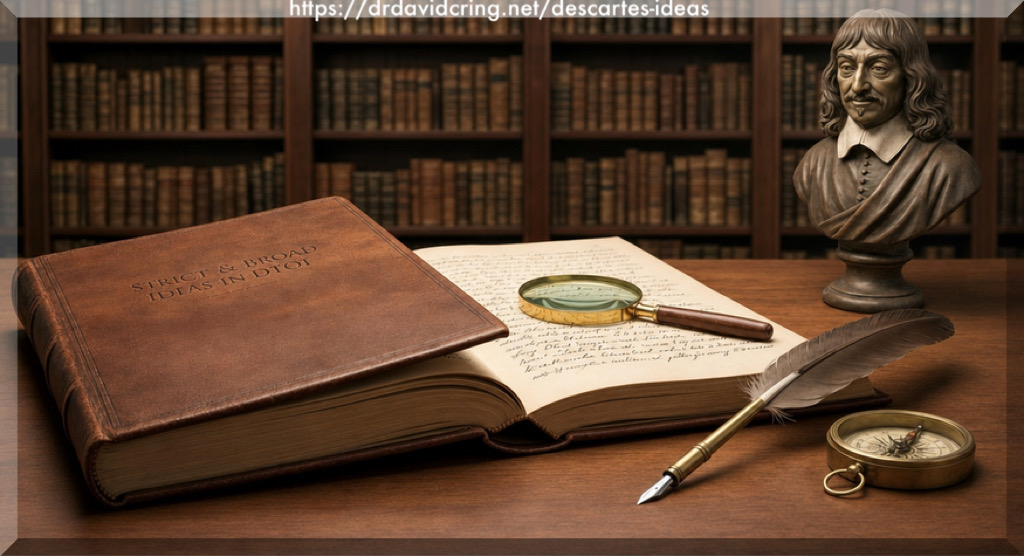 The AI-generated image by Nano Banana Pro depicts an old leather-bound book titled “STRICT & BROAD IDEAS IN DTOI” lying open on a wooden desk in a library, accompanied by a magnifying glass, quill pen, and compass, with a bust of Descartes and bookshelves in the background and the URL https://drdavidcring.net/descartes-ideas at the top.