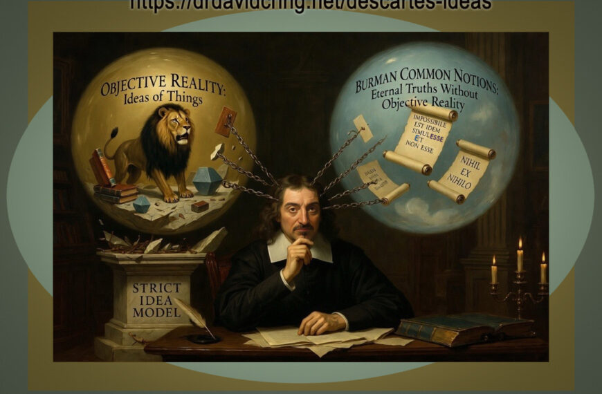 A framed AI-generated image by Nano Banana with a face substituted Descartes in the center seated at a table with chains going out from his head on his right (viewer’s left) the chains attach to a dull gold sphere labeled OBJECTIVE REALITY with Idea of Things under it and on his left side the chains attach to a light blue sphere labeled Burman Common Notions is used as a featured image.