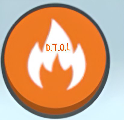 An orange circular icon displays a white flame symbol with the orange text D.T.O.I. centered inside it.