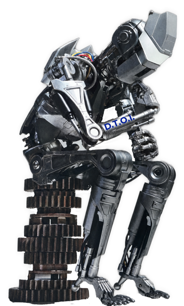 A metallic robot in the contemplative pose of Rodin’s The Thinker, built from gears, pistons, and mechanical parts, has the dark blue text “D.T.O.I.” overlaid on its right forearm.